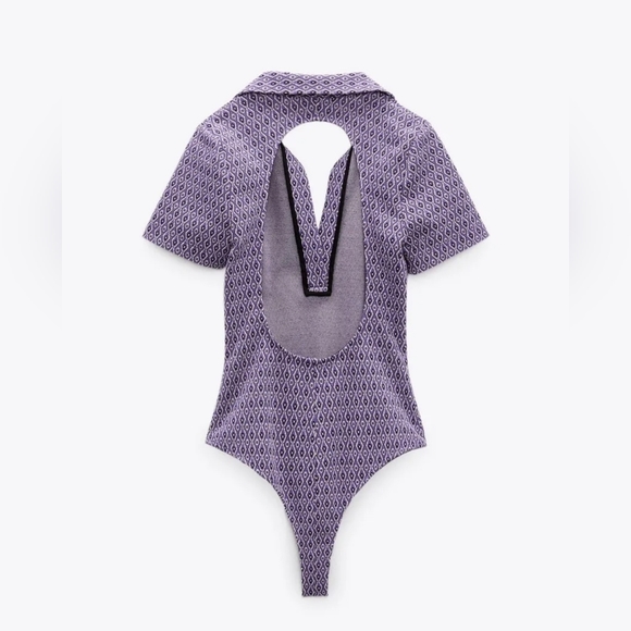 🌞NWOT Zara Geometric Open-Back Collared V-Neck Short Sleeve Bodysuit Lilac M - Picture 5 of 10